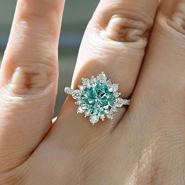 Louily Snowflake Design Halo Round Cyan Blue Moissanite Stone Engagement Ring In Sterling Silver