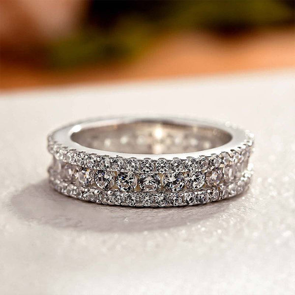 Louily Sparkle 3 Row Design Round Cut Wedding Band