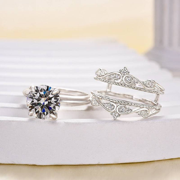 Louily Sparkle Crown Design Round Cut Insert Wedding Ring Set