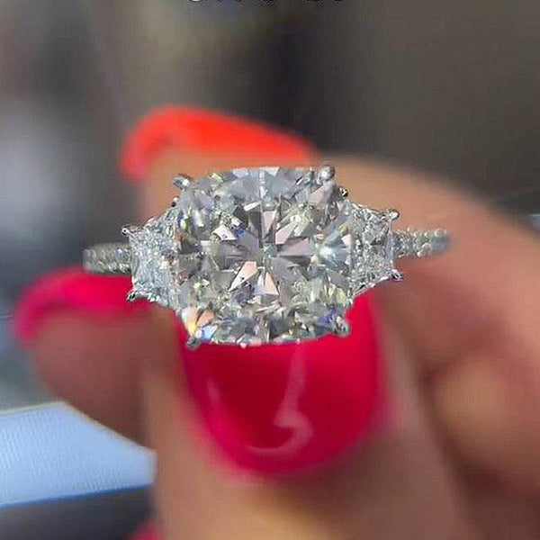 Louily Sparkle Cushion Cut Three Stone Engagement Ring