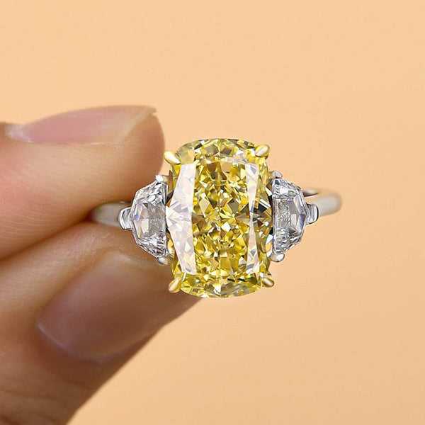 Louily Sparkle Cushion Cut Three Stone Yellow Sapphire Engagement Ring In Sterling Silver