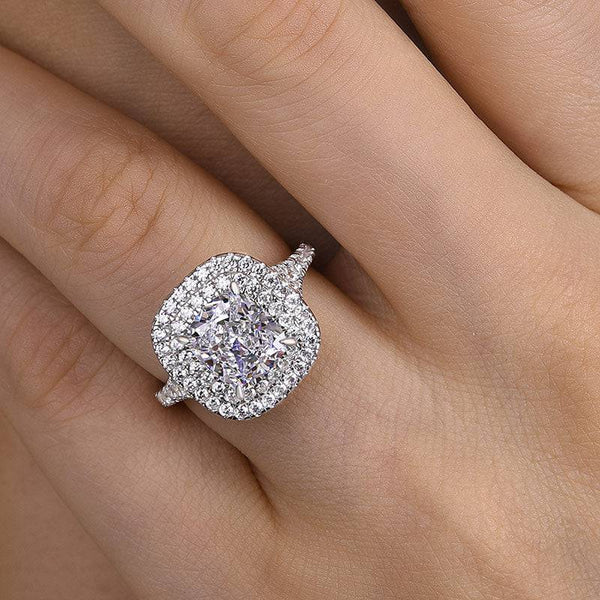 Louily Sparkle Double Halo Split Shank Cushion Cut Engagement Ring In Sterling Silver