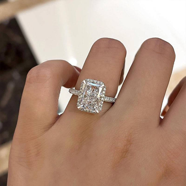 Louily Sparkle Halo Radiant Cut Simulated Diamond Engagement Ring In White Gold