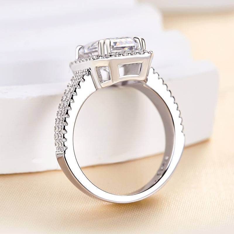 Louily Sparkle Halo Three Shank Emerald Cut Engagement Ring In Sterling Silver - louilyjewelry