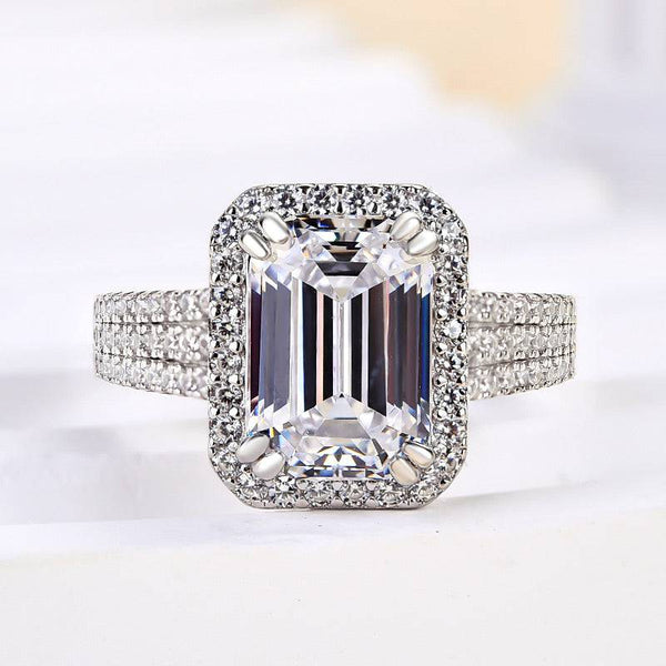 Louily Sparkle Halo Three Shank Emerald Cut Engagement Ring In Sterling Silver