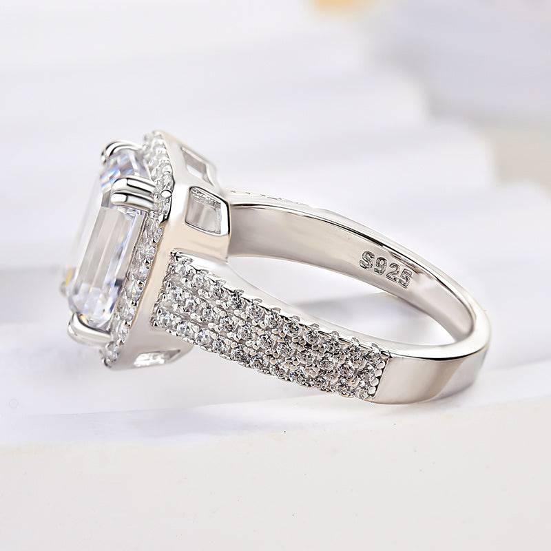 Louily Sparkle Halo Three Shank Emerald Cut Engagement Ring In Sterling Silver - louilyjewelry