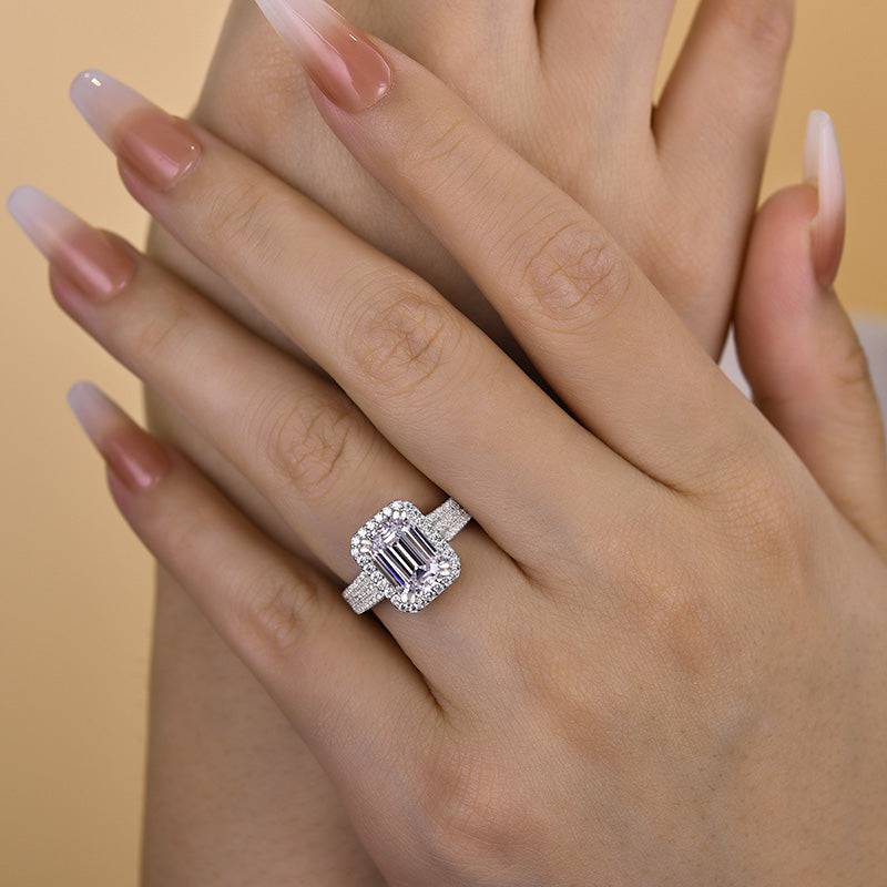 Louily Sparkle Halo Three Shank Emerald Cut Engagement Ring In Sterling Silver - louilyjewelry