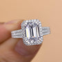 Louily Sparkle Halo Three Shank Emerald Cut Engagement Ring In Sterling Silver - louilyjewelry
