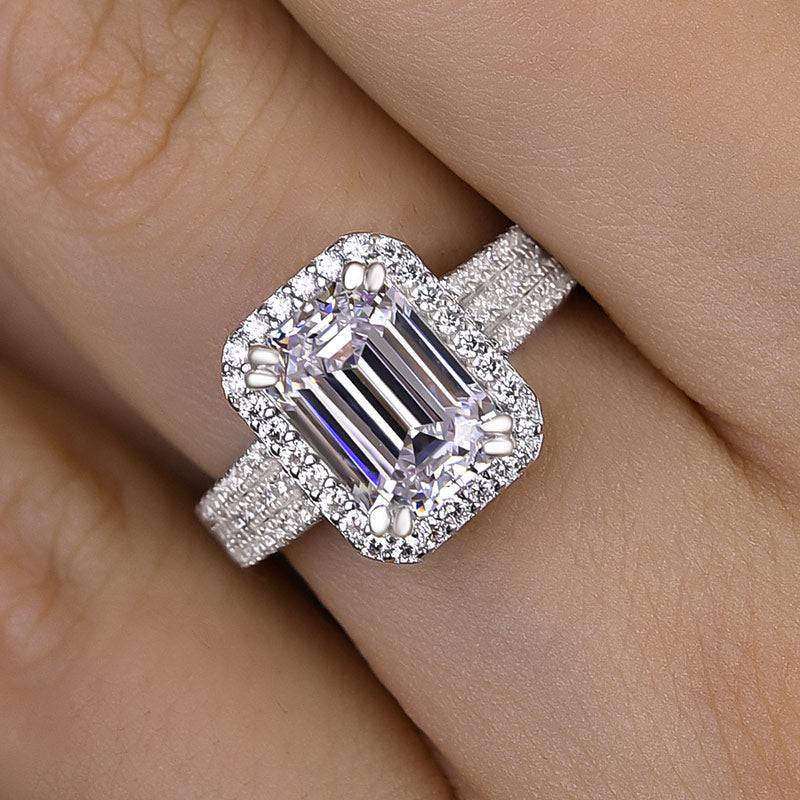 Louily Sparkle Halo Three Shank Emerald Cut Engagement Ring In Sterling Silver - louilyjewelry