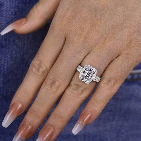 Louily Sparkle Halo Three Shank Emerald Cut Engagement Ring In Sterling Silver