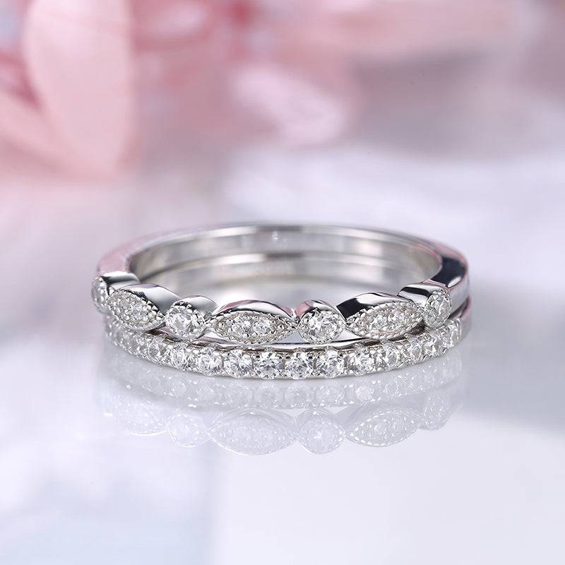 Louily Stackable Art Deco Half Eternity Women's Wedding Band Set In Sterling Silver - louilyjewelry