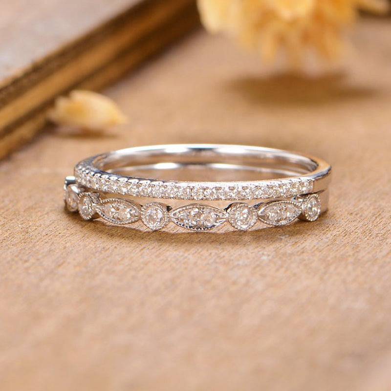 Louily Stackable Art Deco Half Eternity Women's Wedding Band Set In Sterling Silver - louilyjewelry