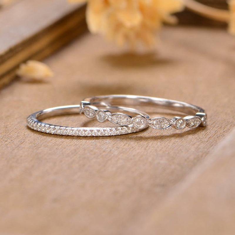 Louily Stackable Art Deco Half Eternity Women's Wedding Band Set In Sterling Silver - louilyjewelry