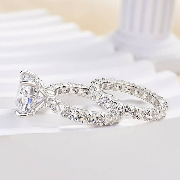 Louily Sterling Silver Crushed Ice Cushion Cut Wedding Ring Set