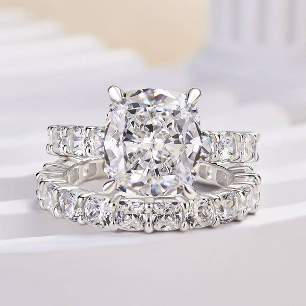 Louily Sterling Silver Crushed Ice Cushion Cut Wedding Ring Set