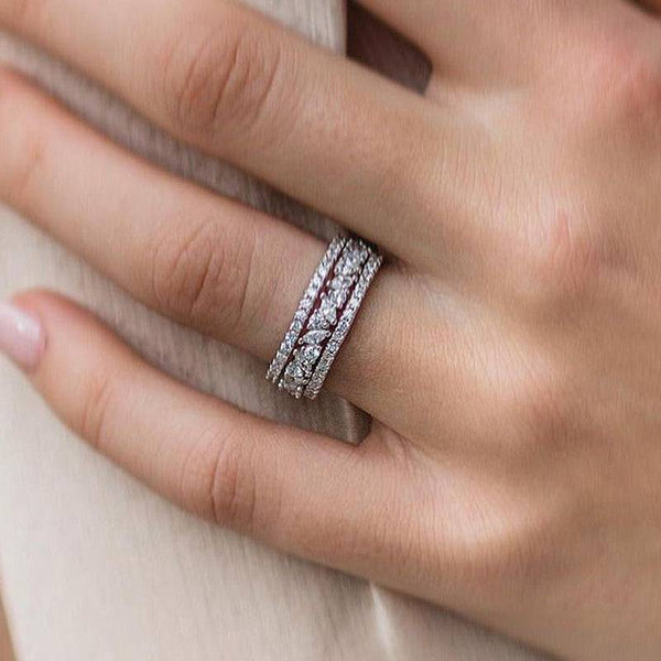 Louily Stunning 3PC Wedding Band Set In Sterling Silver