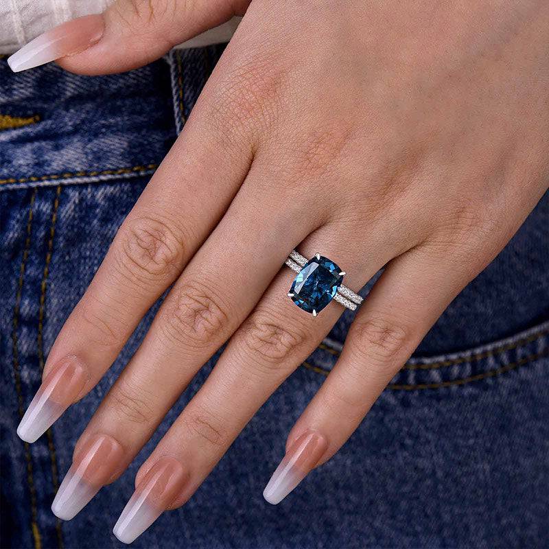 Louily Stunning Cushion Cut Montana Blue Sapphire Wedding Set In Sterling Silver - louilyjewelry