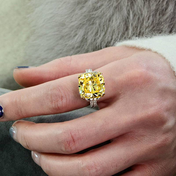 Louily Stunning Cushion Cut Yellow Sapphire Engagement Ring In Sterling Silver