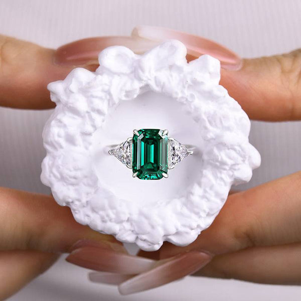 Louily Stunning Emerald Cut Three Stone Paraiba Tourmaline  Engagement Ring In Sterling Silver