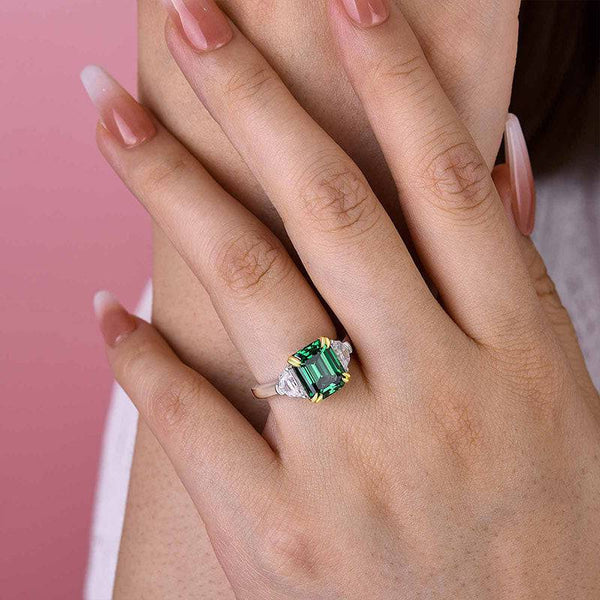 Louily Stunning Emerald Green Emerald Cut Three Stone Engagement Ring In Sterling Silver