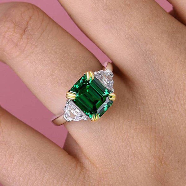 Louily Stunning Emerald Green Emerald Cut Three Stone Engagement Ring In Sterling Silver