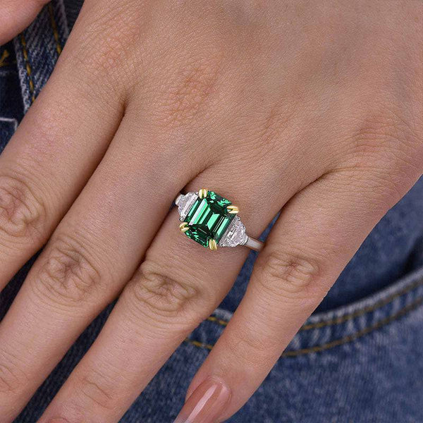 Louily Stunning Emerald Green Emerald Cut Three Stone Engagement Ring In Sterling Silver