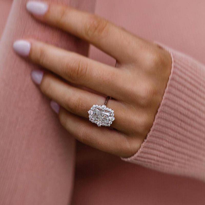 Louily Stunning Halo Radiant Cut Simulated Diamond Engagement Ring In Sterling Silver - louilyjewelry
