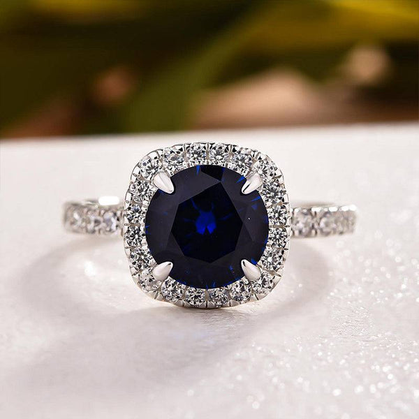 Louily Stunning Halo Round Cut Blue Sapphire Engagement Ring In Sterling Silver