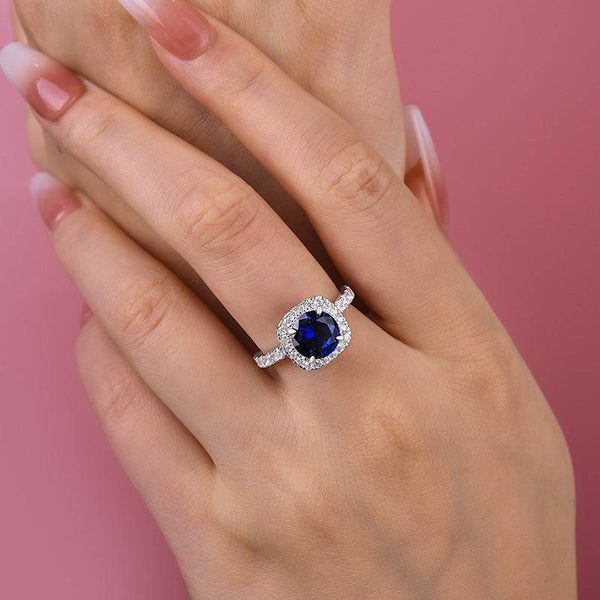 Louily Stunning Halo Round Cut Blue Sapphire Engagement Ring In Sterling Silver