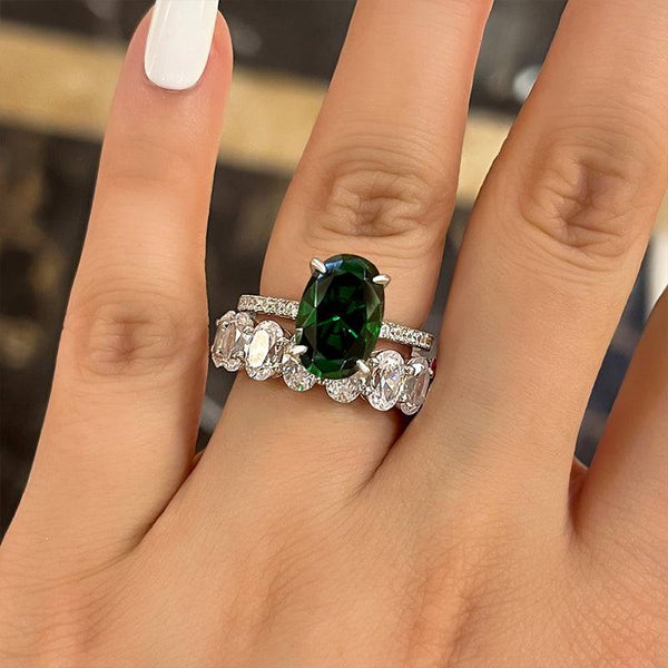 Louily Stunning Oval Cut Emerald Green Wedding Ring Set In Sterling Silver
