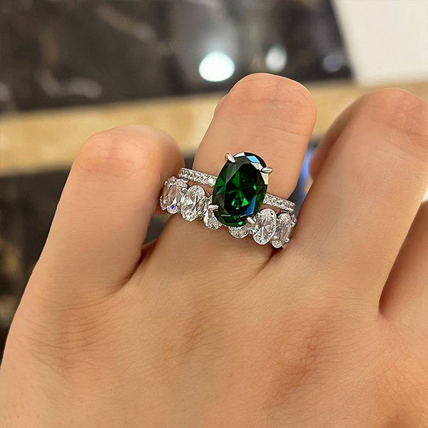 Louily Stunning Oval Cut Emerald Green Wedding Ring Set In Sterling Silver