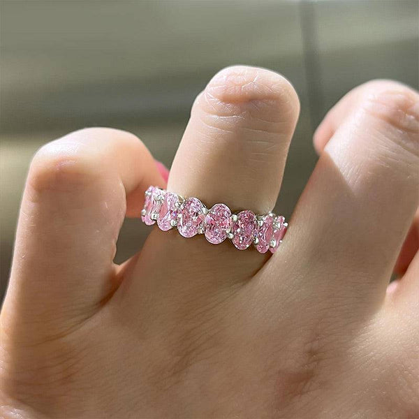 Louily Stunning Oval Cut Pink Sapphire Simulated Diamond Wedding Band Ring In Sterling Silver