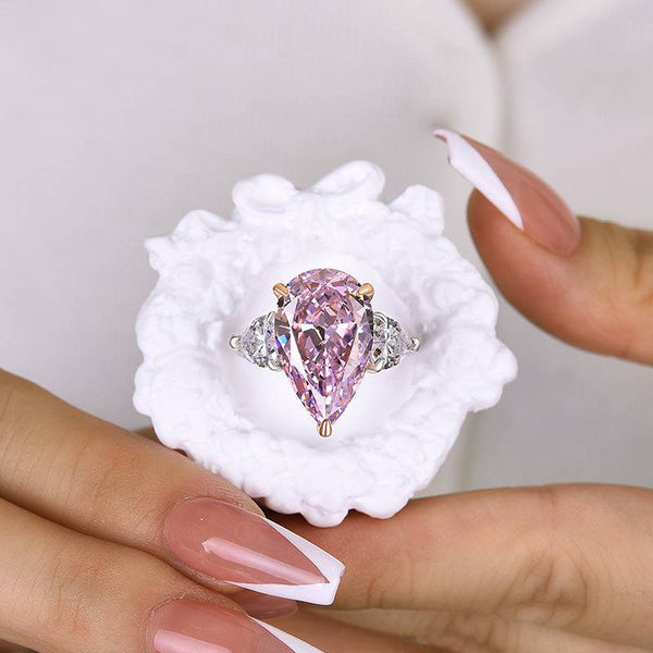 Louily Stunning Pear Cut Pink Sapphire Three Stone Engagement Ring