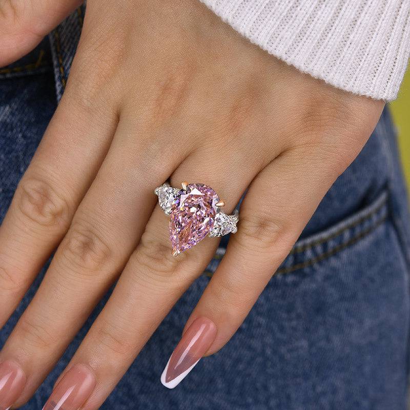 Louily Stunning Pear Cut Pink Sapphire Three Stone Engagement Ring - louilyjewelry