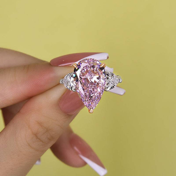 Louily Stunning Pear Cut Pink Sapphire Three Stone Engagement Ring