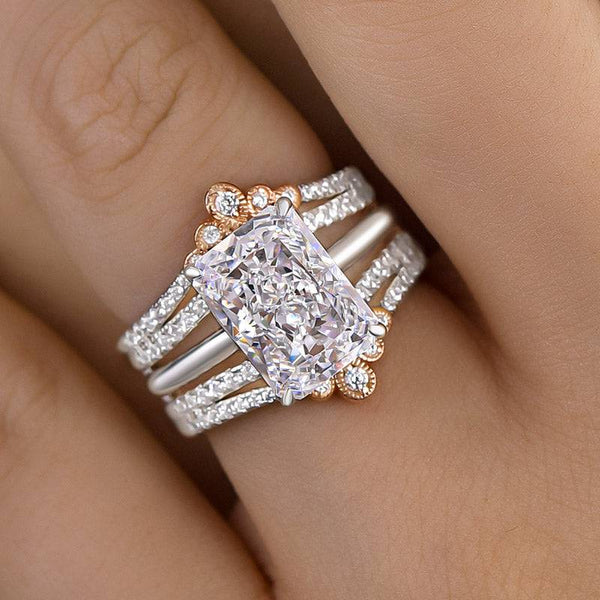 Louily Two-tone Crown Design Radiant Cut Insert Wedding Ring Set