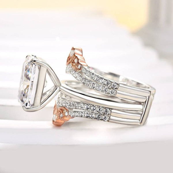 Louily Two-tone Crown Design Radiant Cut Insert Wedding Ring Set