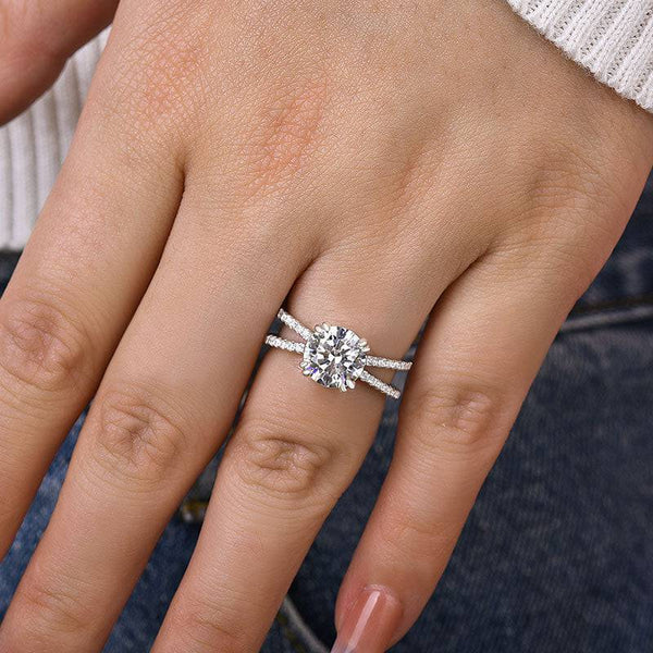 Louily Unique Cross Shank Round Cut Engagement Ring For Her In Sterling Silver