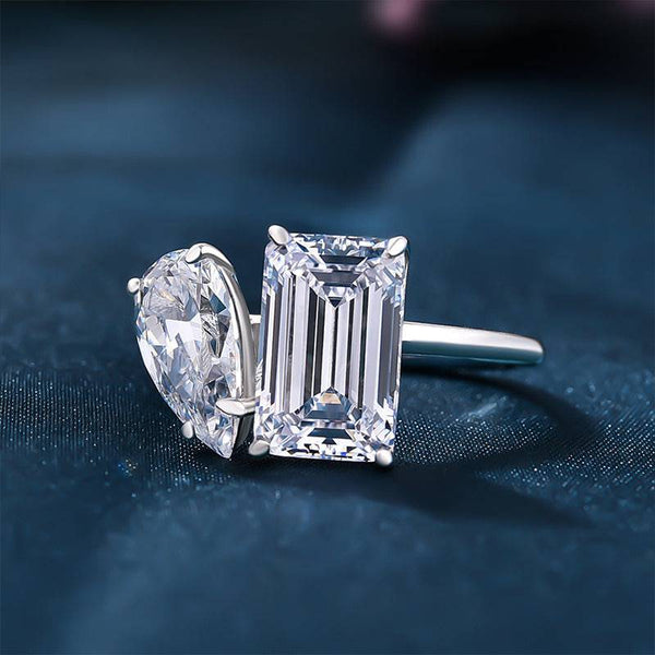 Louily Unique Double Stones Design Emerald Cut & Pear Cut Engagement Ring In Sterling Silver