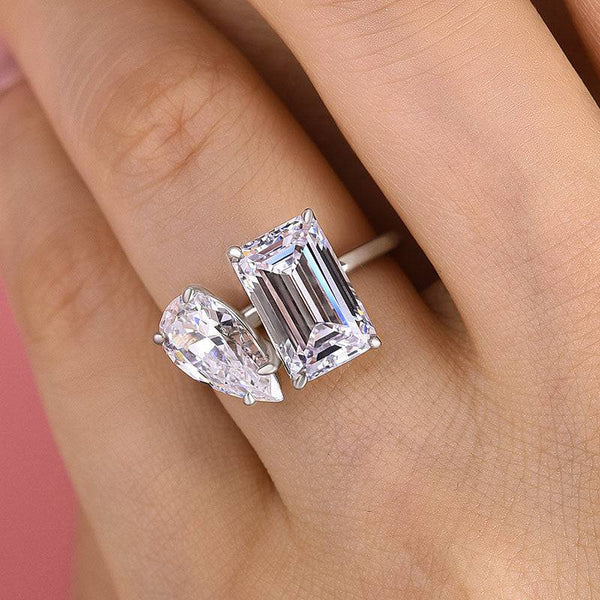 Louily Unique Double Stones Design Emerald Cut & Pear Cut Engagement Ring In Sterling Silver