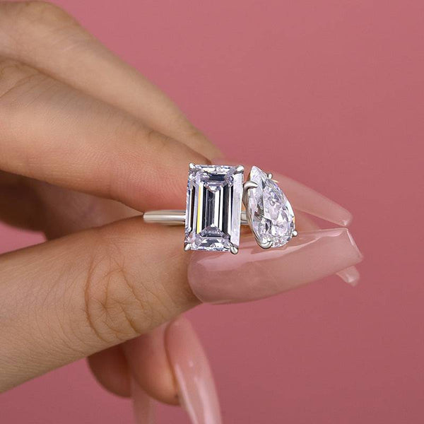 Louily Unique Double Stones Design Emerald Cut & Pear Cut Engagement Ring In Sterling Silver