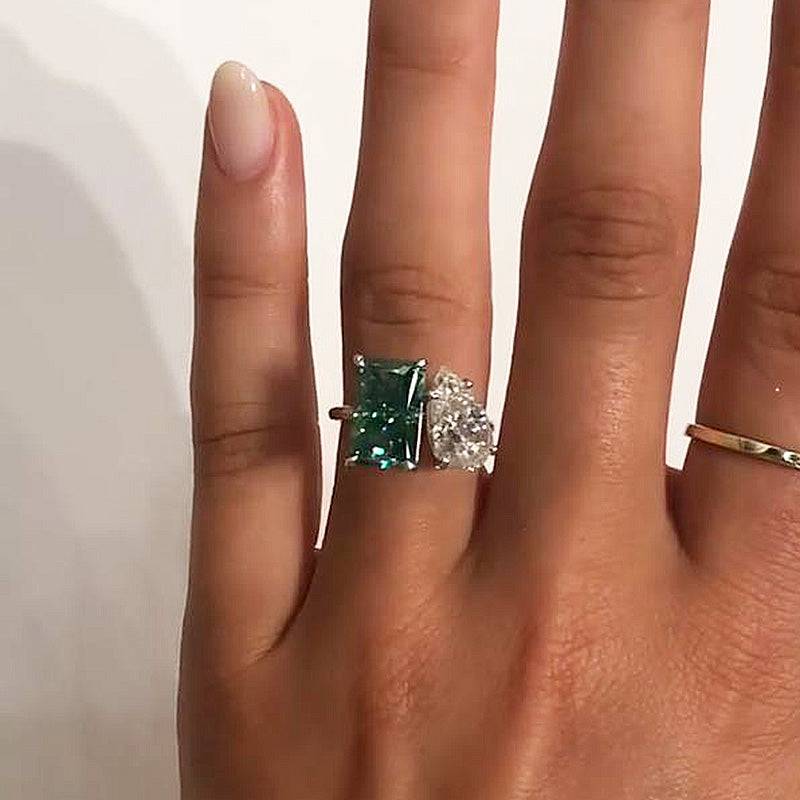 Louily Unique Double Stones Design Radiant & Pear Cut Engagement Ring In Sterling Silver - louilyjewelry
