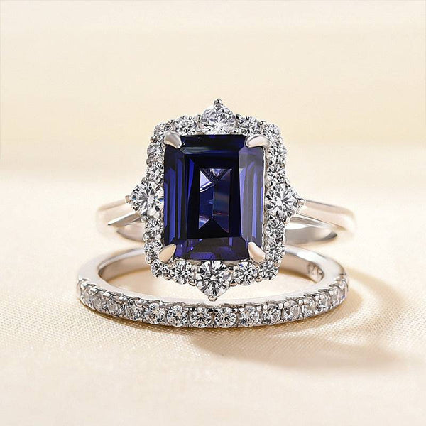 Louily Unique Halo Blue Sapphire Emerald Cut Wedding Ring Sets In Sterling Silver