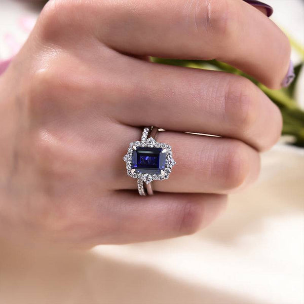 Louily Unique Halo Blue Sapphire Emerald Cut Wedding Ring Sets In Sterling Silver