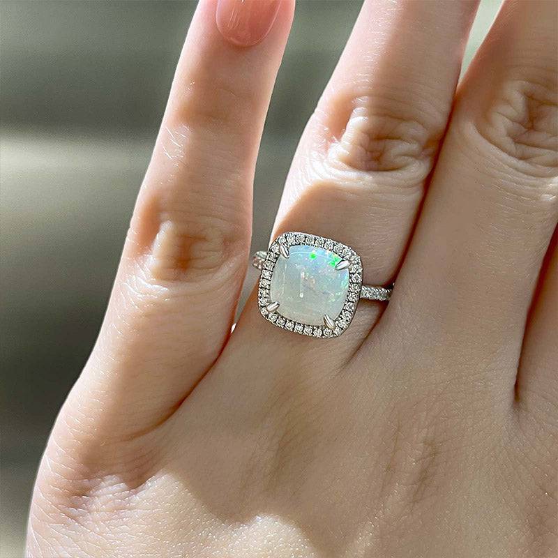 Louily Unique Halo Cushion Cut Opal Stone Engagement Ring In Sterling Silver - louilyjewelry