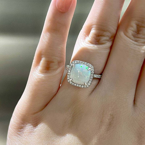 Louily Unique Halo Cushion Cut Opal Stone Engagement Ring In Sterling Silver