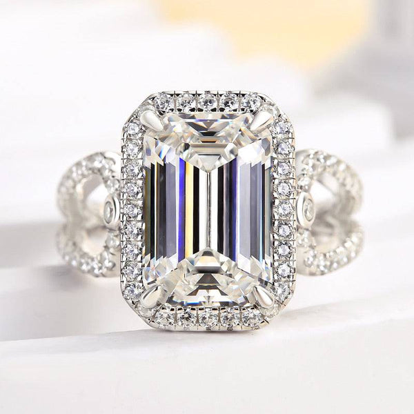 Louily Unique Halo Split Shank Emerald Cut Engagement Ring In Sterling Silver