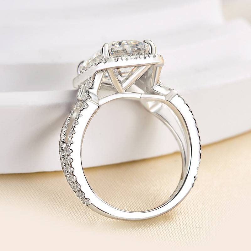 Louily Unique Halo Split Shank Emerald Cut Engagement Ring In Sterling Silver - louilyjewelry