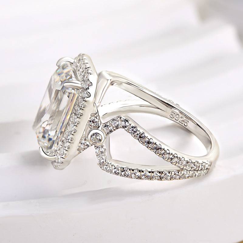 Louily Unique Halo Split Shank Emerald Cut Engagement Ring In Sterling Silver - louilyjewelry
