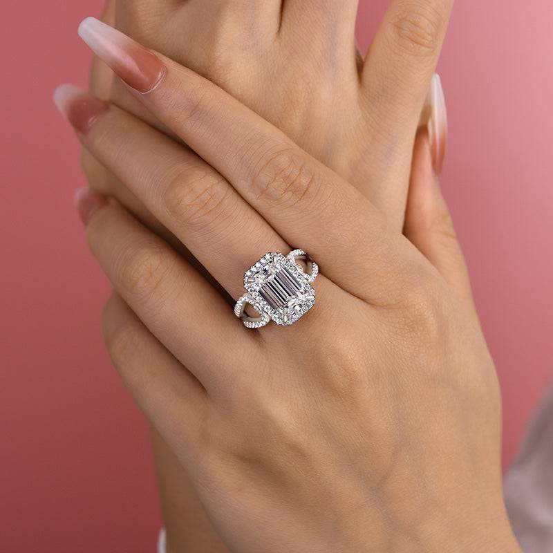 Louily Unique Halo Split Shank Emerald Cut Engagement Ring In Sterling Silver - louilyjewelry